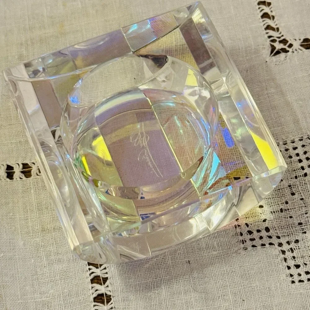 Oleg Cassini Crystal Votive Candle Holder Square Faceted Art Glass Decor